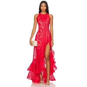 Bronx and Banco x REVOLVE Sicilia Midi Dress Women's Medium Red Lace Ruffle